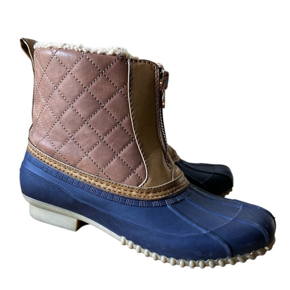 Tommy Hilfiger Blue Brown Duck Boots Front Zip Up Size 7 Leather Sole